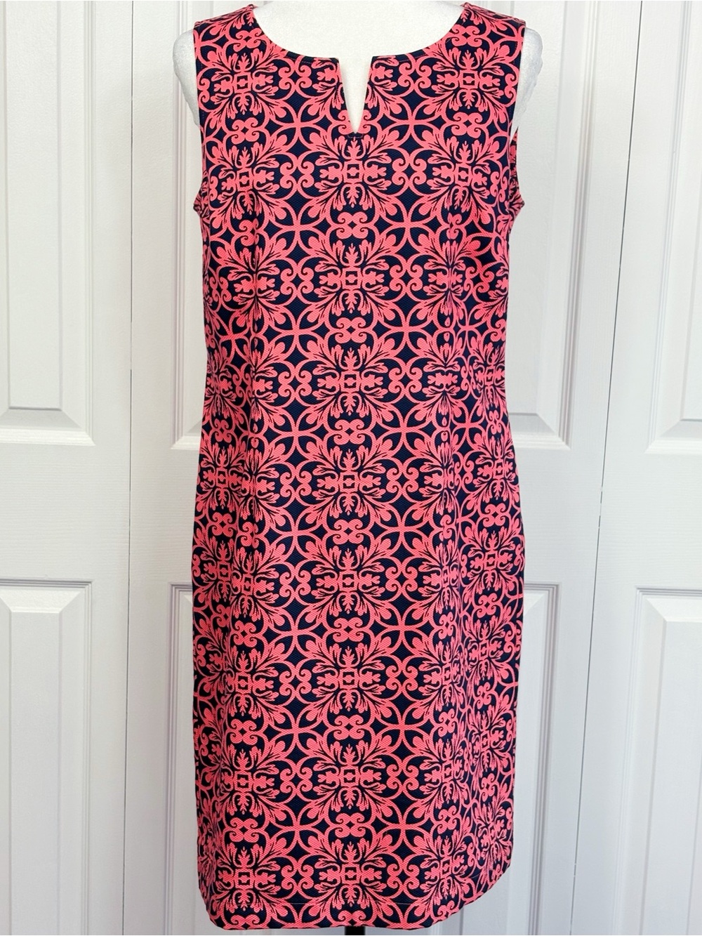 Talbots Preppy Pink & Navy Blue Print Cotton Sleeveless V-Neck Mini Dress 8